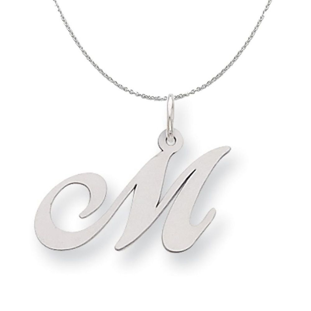 Silver, Ella Collection Medium Fancy Script Initial M Necklace - 16 In